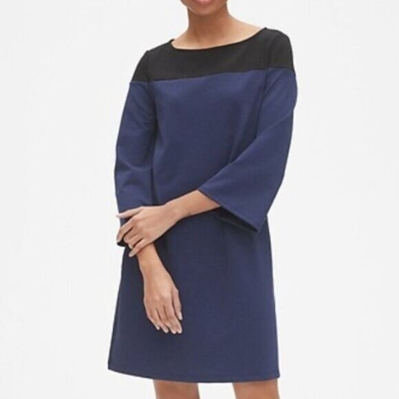 GAP | Long Sleeve Colorblock Shift Dress Knee Length Pull Over Black & Blue Sz M - Picture 1 of 12